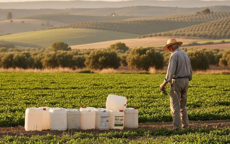 Agriculteur espagnol inspectant un champ avec des bidons de glyphosate en arrière-plan.