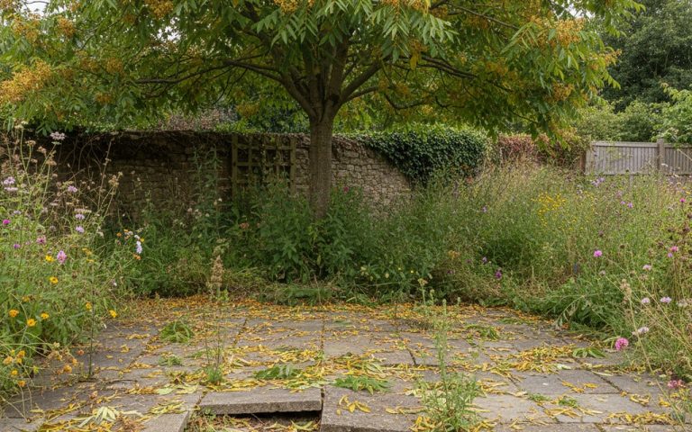 Un savonnier dans un jardin avec des dalles de terrasse soulevées et des débris de fleurs.