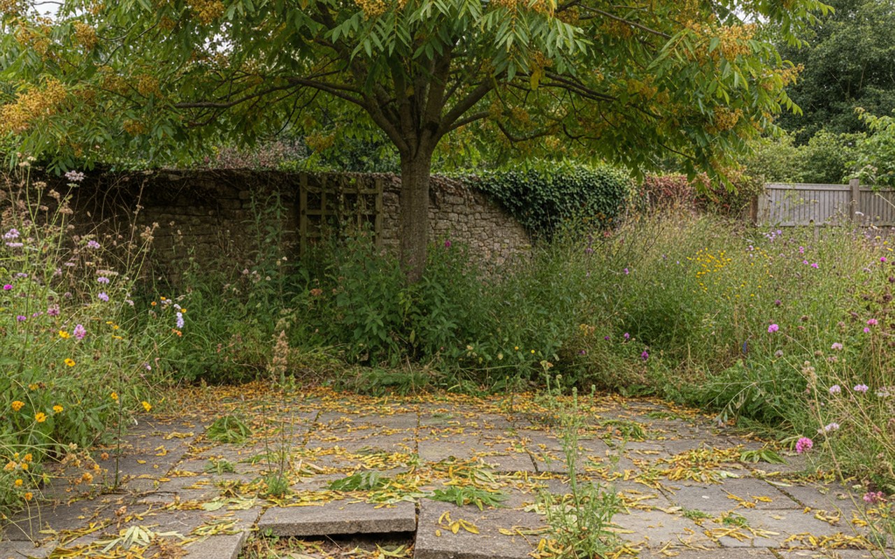 Un savonnier dans un jardin avec des dalles de terrasse soulevées et des débris de fleurs.