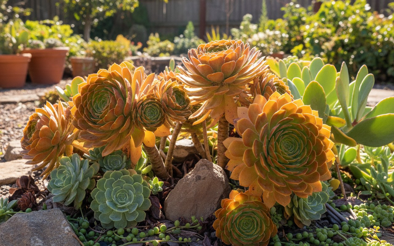 Rosettes colorées de Sedum nussbaumerianum dans un jardin ensoleillé.
