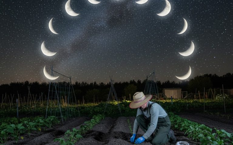 Un jardinier semant des haricots verts sous un ciel étoilé, illustrant les phases lunaires.