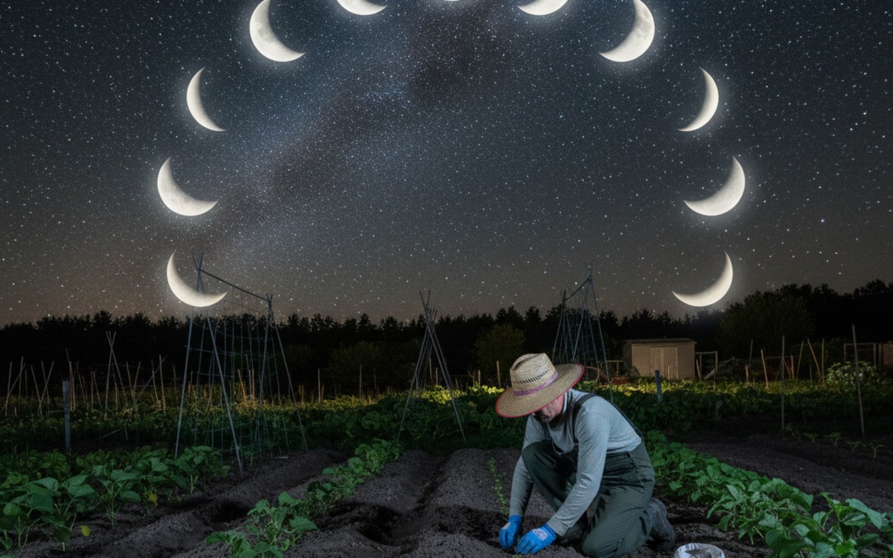 Un jardinier semant des haricots verts sous un ciel étoilé, illustrant les phases lunaires.