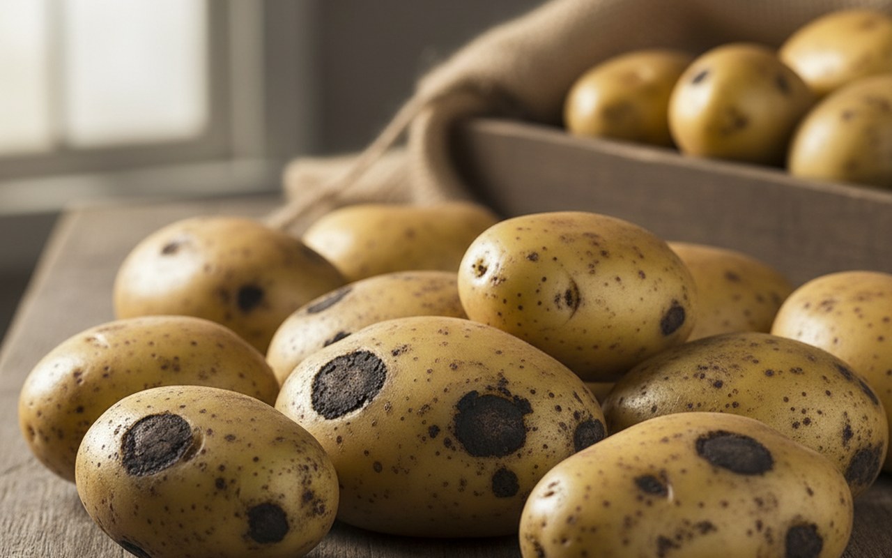 Pommes de terre présentant des taches noires dues à des maladies.
