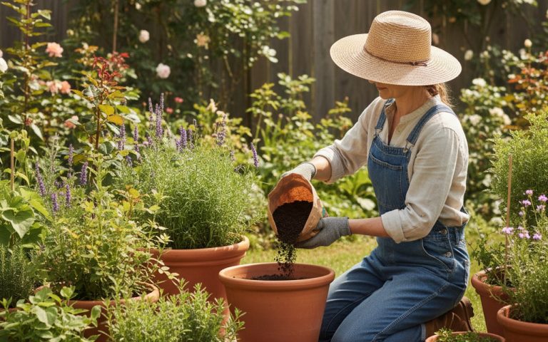 Un jardinier utilise du terreau Lidl dans son jardin avec des plantes en pot.