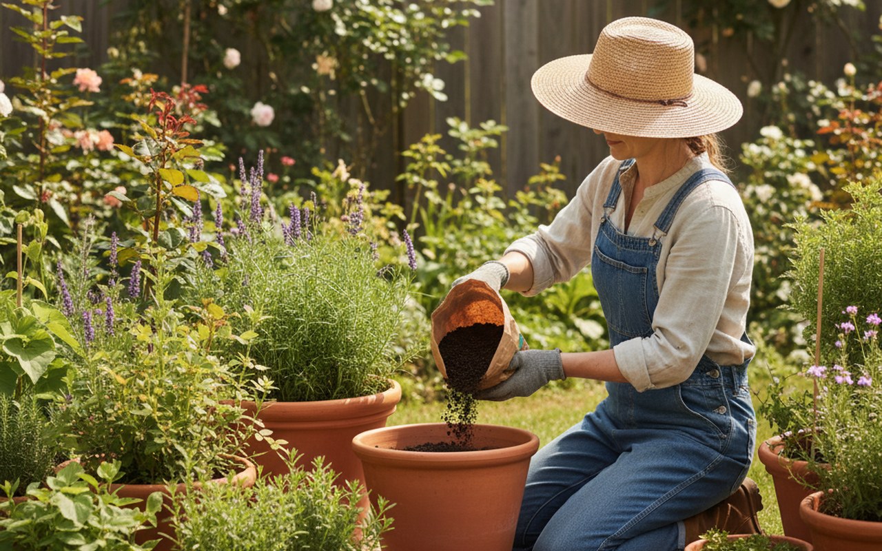 Un jardinier utilise du terreau Lidl dans son jardin avec des plantes en pot.