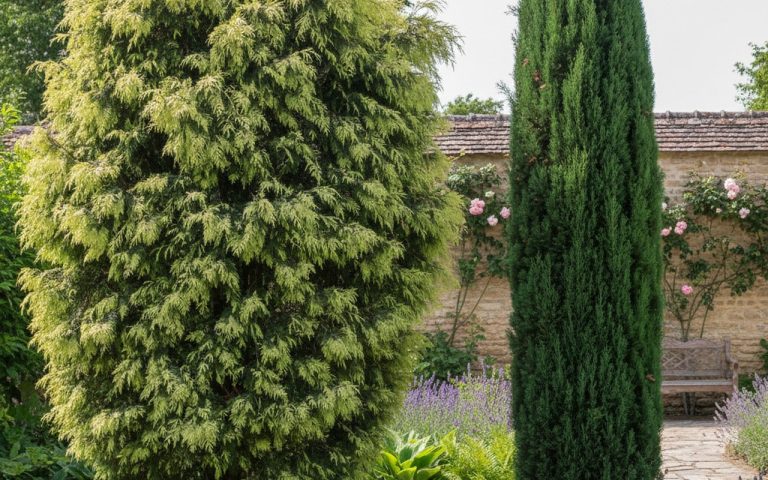 Comparaison entre un thuya et un cyprès dans un jardin, montrant leurs feuillages distincts.