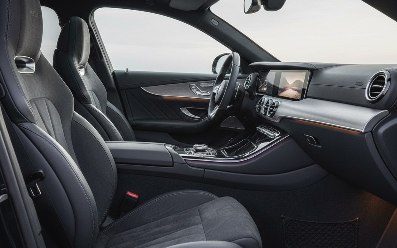 Intérieur de voiture de luxe avec sièges en tissu Alcantara, illustrant son élégance et sa durabilité.