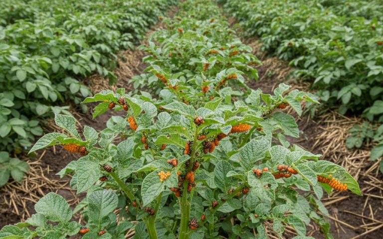 Infestation de doryphores sur des plants de pommes de terre, montrant larves et œufs.