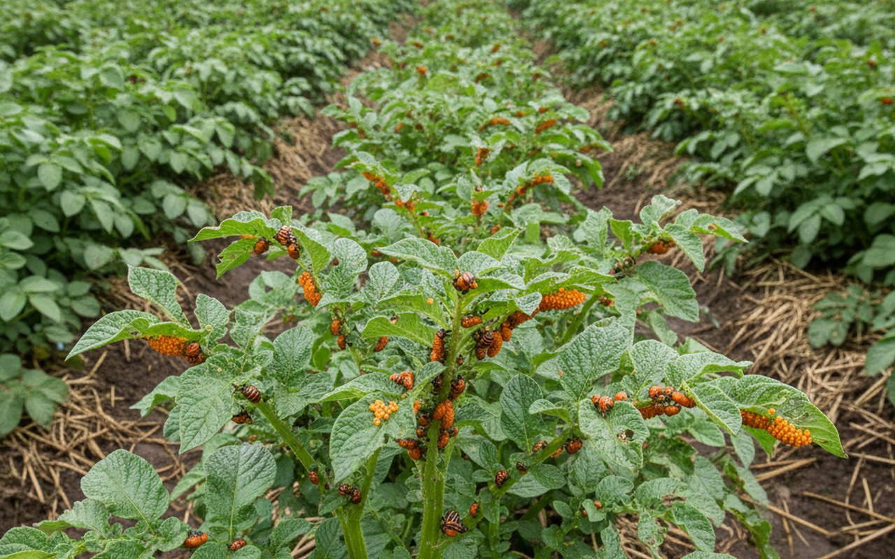 Infestation de doryphores sur des plants de pommes de terre, montrant larves et œufs.