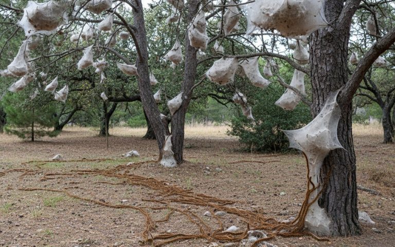 Jardin avec des arbres infestés de chenilles processionnaires et leurs nids en fil de soie.