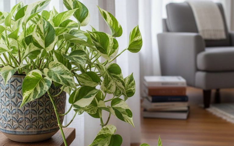 Pothos luxuriant avec feuilles panachées près d'une fenêtre, idéal pour la culture d'intérieur.