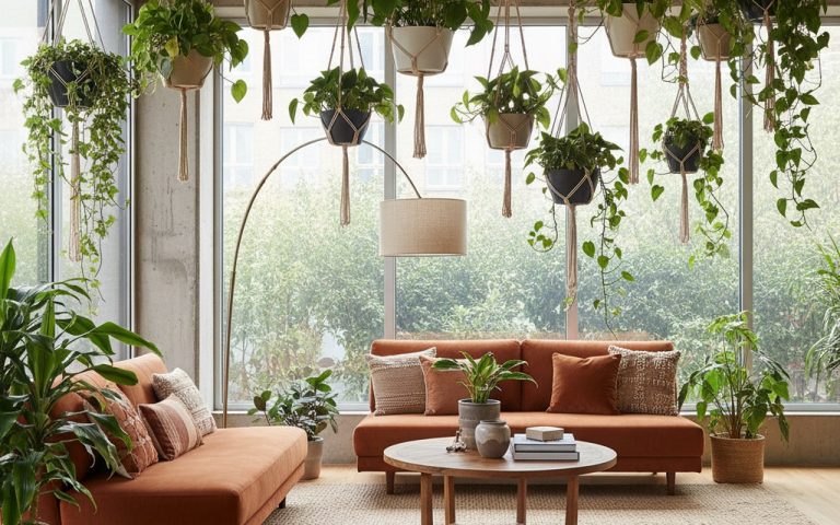 Intérieur moderne avec des suspensions de plantes en macramé et métal, ambiance chaleureuse.