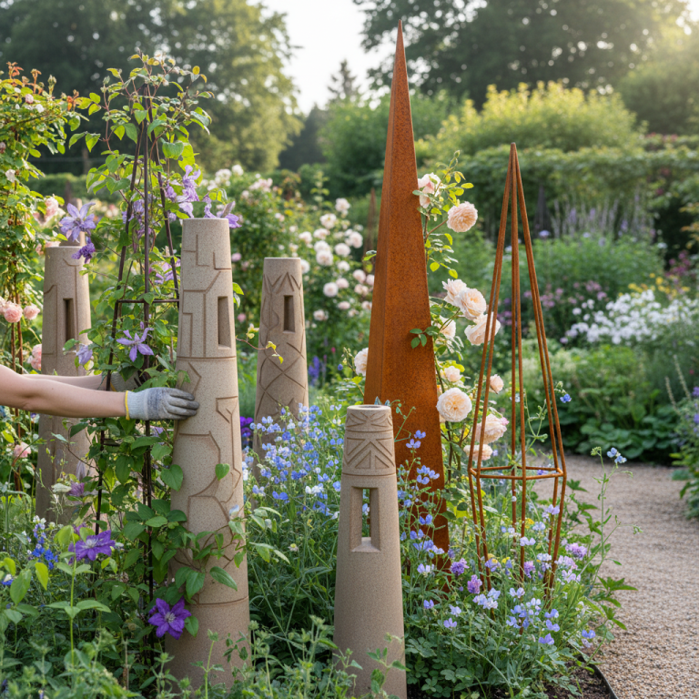 Illustration réaliste sur Tuteurs de jardin : solutions esthétiques et durables pour votre extérieur