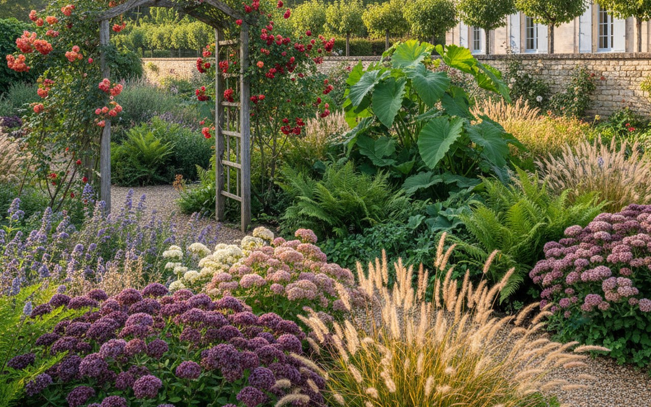 Un jardin avec diverses plantes d'ornement colorées et texturées.