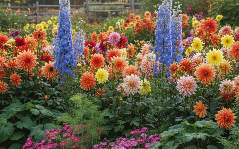 Un jardin coloré avec des dahlias et des delphiniums en fleurs.