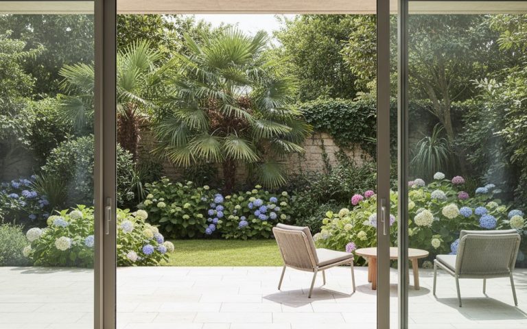 Fenêtre coulissante en aluminium ouverte sur une terrasse avec jardin verdoyant.
