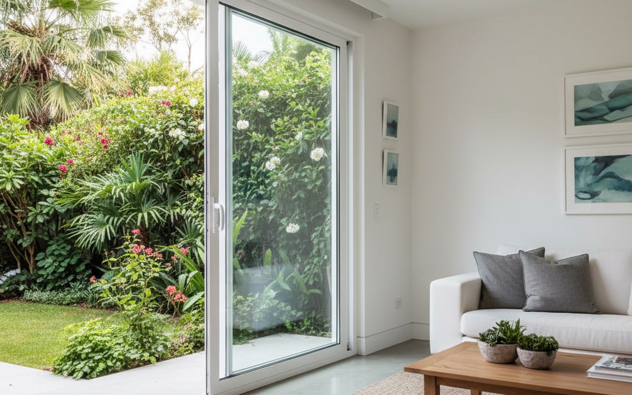 Intérieur lumineux avec fenêtre coulissante en PVC ouverte sur un jardin verdoyant.