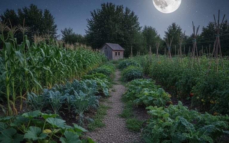 Un jardin potager sous la pleine lune, illustrant l'influence des cycles lunaires sur les plantes.