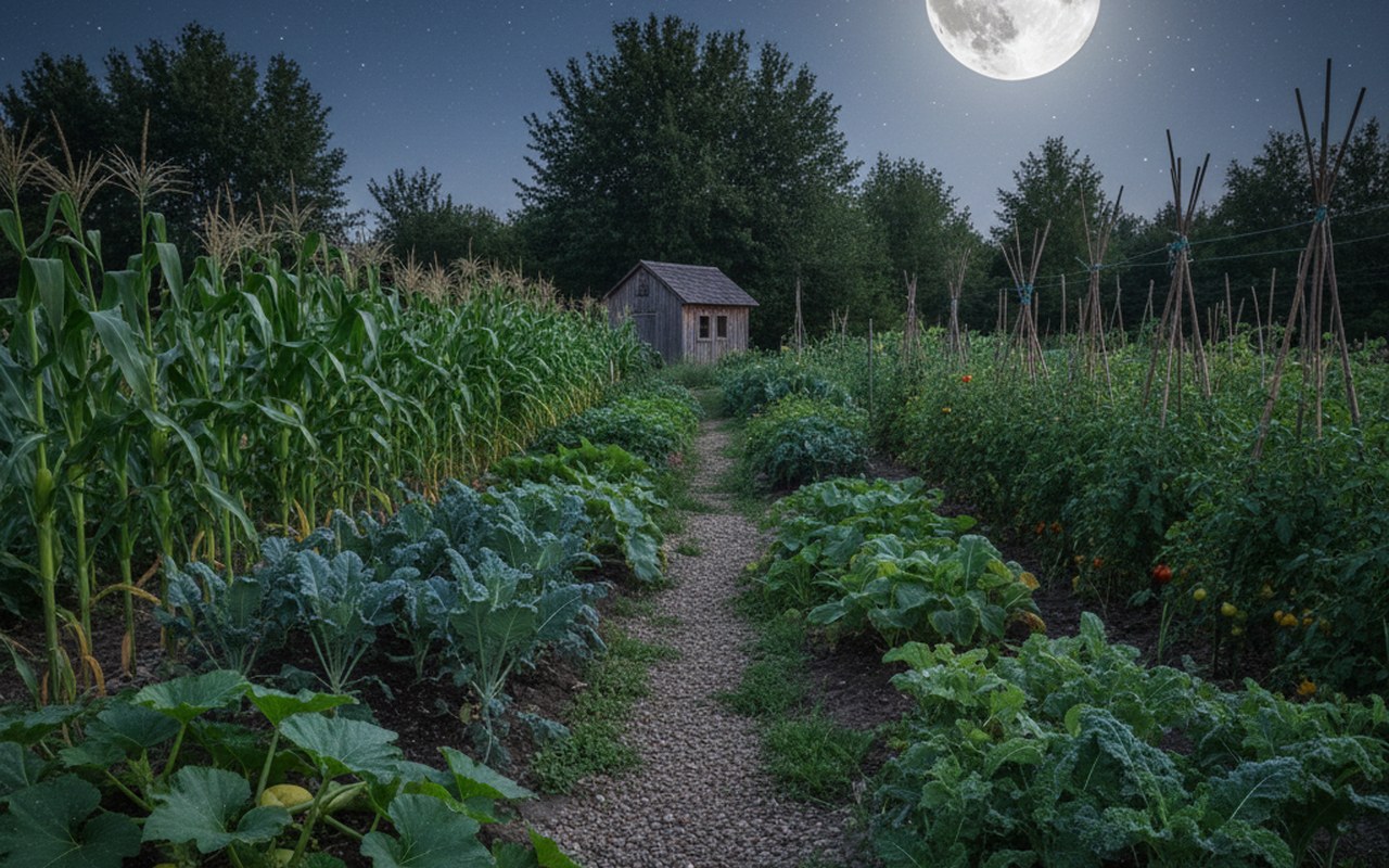 Un jardin potager sous la pleine lune, illustrant l'influence des cycles lunaires sur les plantes.