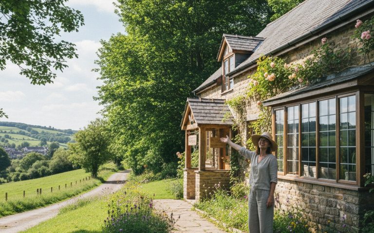 Propriétaire montrant sa maison de vacances à la campagne, représentant Kozikaza.