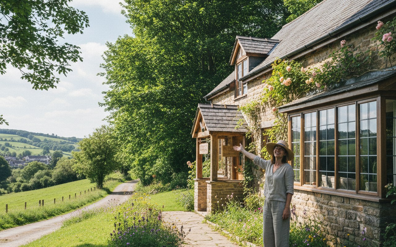 Propriétaire montrant sa maison de vacances à la campagne, représentant Kozikaza.