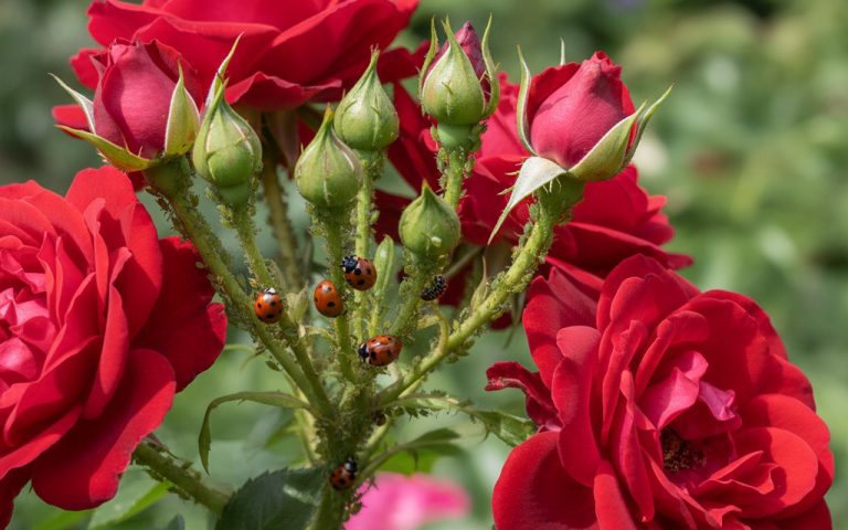 Rosier avec pucerons et coccinelles, illustrant l'équilibre naturel au jardin.