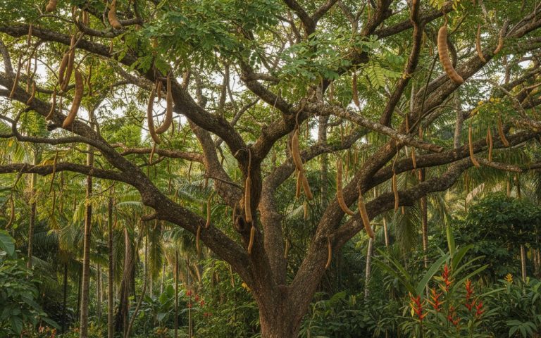 Un tamarinier avec des gousses dans un environnement tropical.