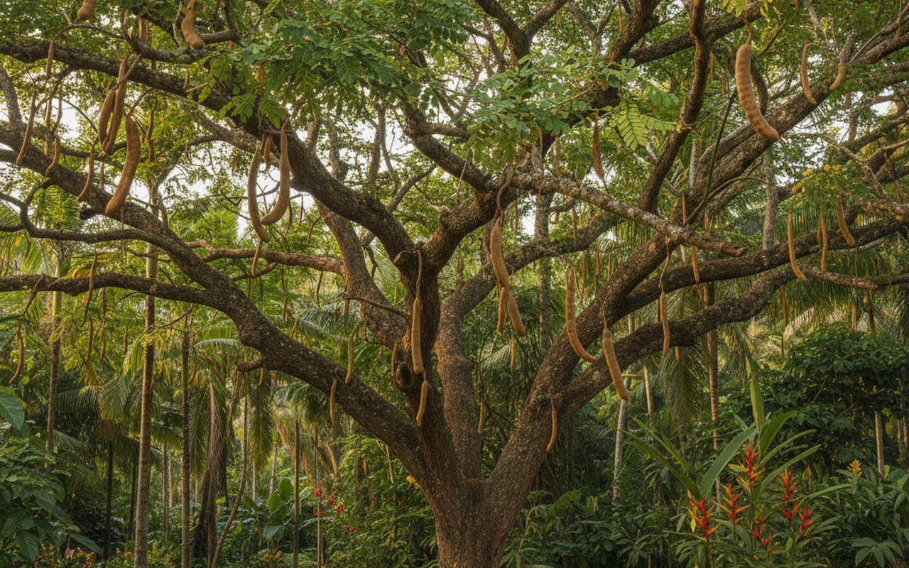 Un tamarinier avec des gousses dans un environnement tropical.